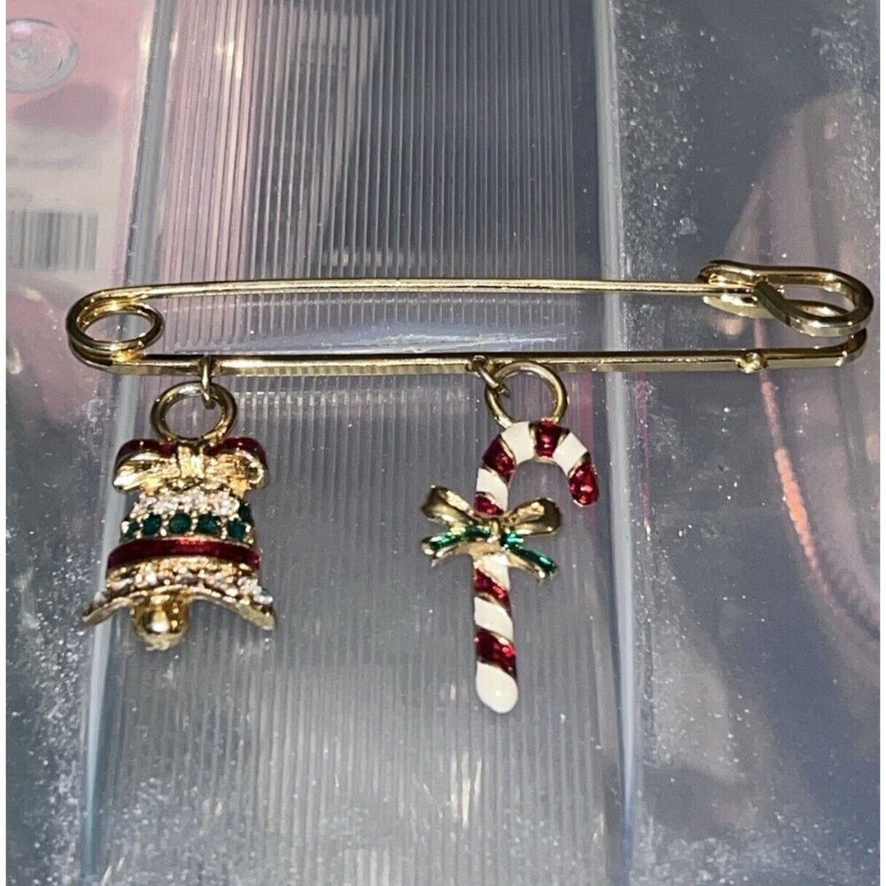 Gold Tone Brooch Safety Pin Christmas Holiday Dangle Charms Bell Candy Cane